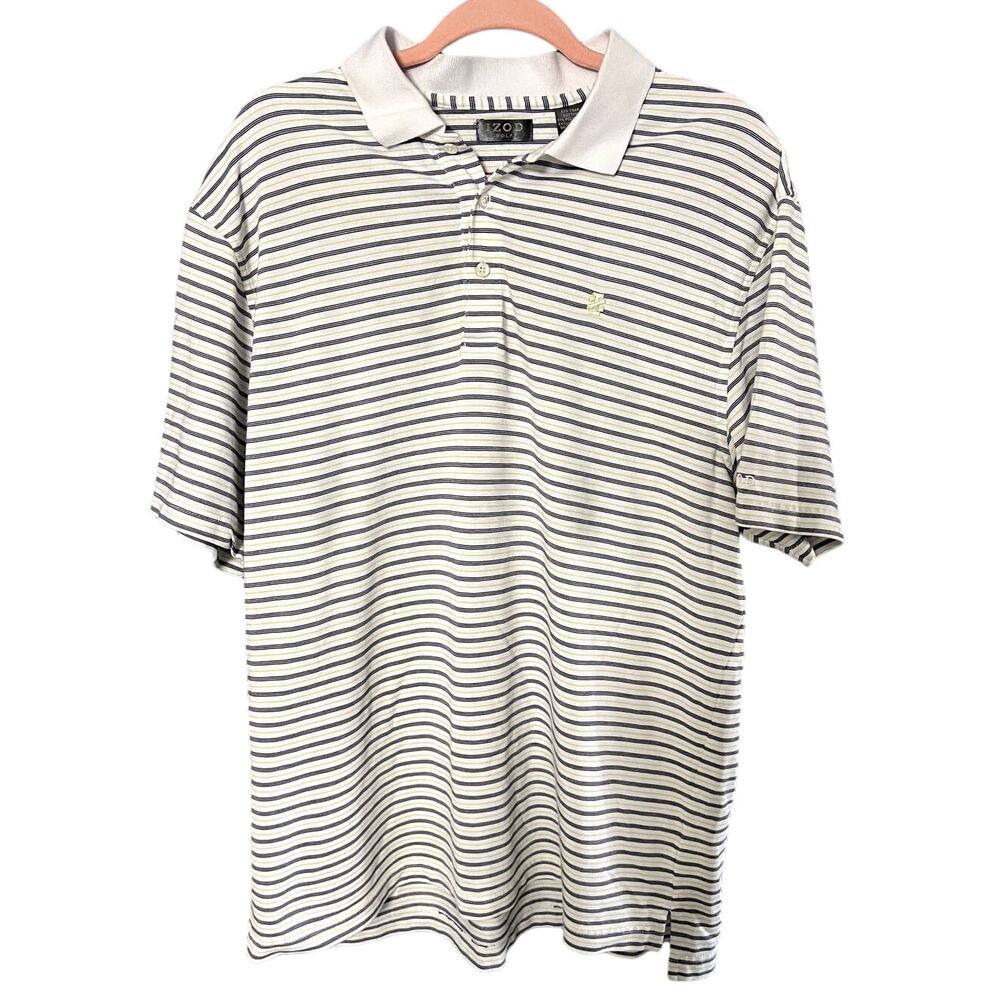 IZOD Mens Large Golf Polo Shirt White Black Stripes Short Sleeve cotton blend